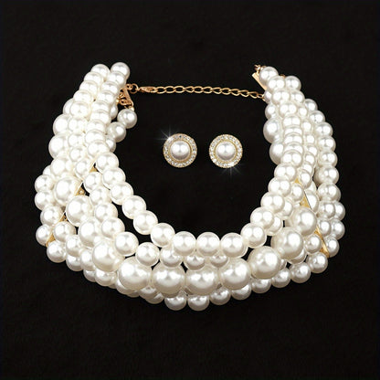 French Style Pearl Multi-Layer Necklace and Round Geometric Earrings Jewelry Set Gold Tone Elegant Women Banquet Wedding Gift