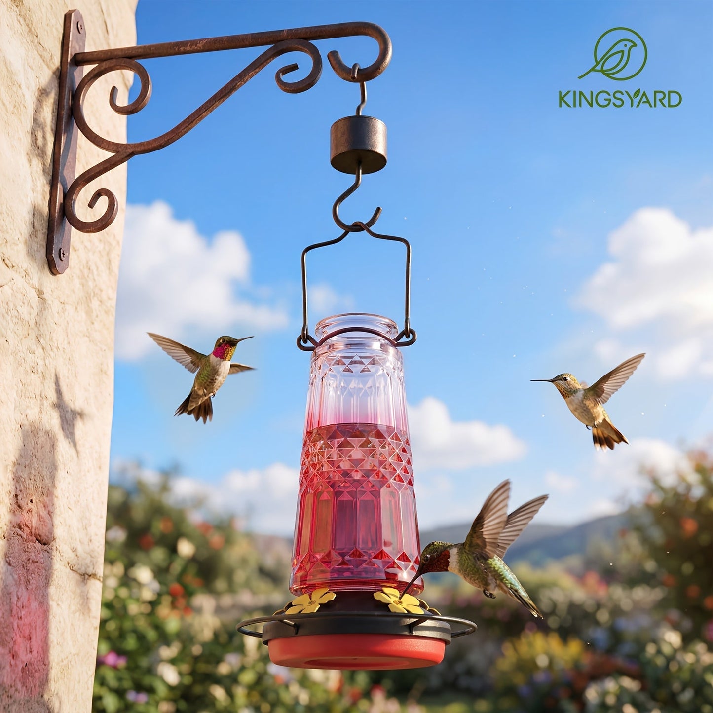 Glass Hummingbird Feeder for Outdoors Hanging – 24 Oz Nectar Feeder with 6 Feeding Ports, Ant Moat & Leak-Proof Design, 1 or 2 Pack, Red, Blue & Purple, Garden Patio Gift for Bird Lovers