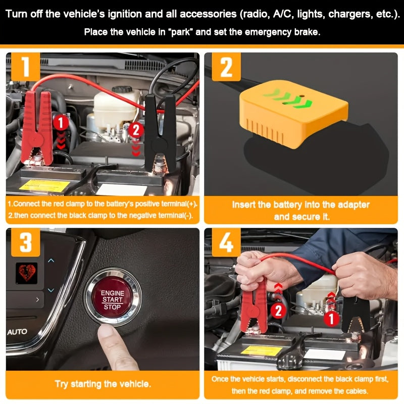 Dewalt Compatible Car Jump Starter Booster Cables with Adapter for Dewalt 20V Battery Portable 12V Automotive Jumper Cables Emergency Roadside Kit Battery Not Included
