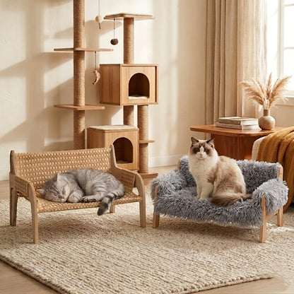 Elevated Pet Sofa Bed Solid Wood Dog Cat Lounge Chair with Bamboo Mat Modern Pet Furniture for Small Medium Dogs Cats Sturdy Stylish Gray White