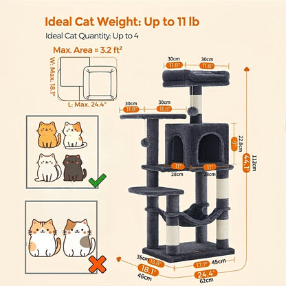 Multi-Level Cat Tree Tower 44-66 Inch with Hammock Sisal Scratching Posts Cozy Cave Perches Anti-Tilt Stable Cat Condo for Multi-Cat Families Kittens & Cats Gift