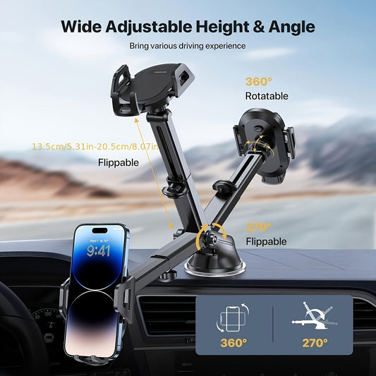 3-in-1 Car Phone Mount – Super Suction Dashboard & Air Vent Holder with Telescopic Arm, Adjustable Cradle & Quick Release for All Phones, Durable Metal Hooks