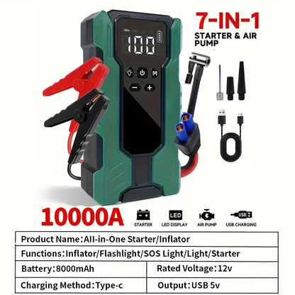 10000A Car Jump Starter 7-in-1 with 150PSI Air Compressor, Digital Tire Inflator, LED Emergency Light & USB Power Bank – Portable Battery Booster for Gas & Diesel Vehicles – Velora