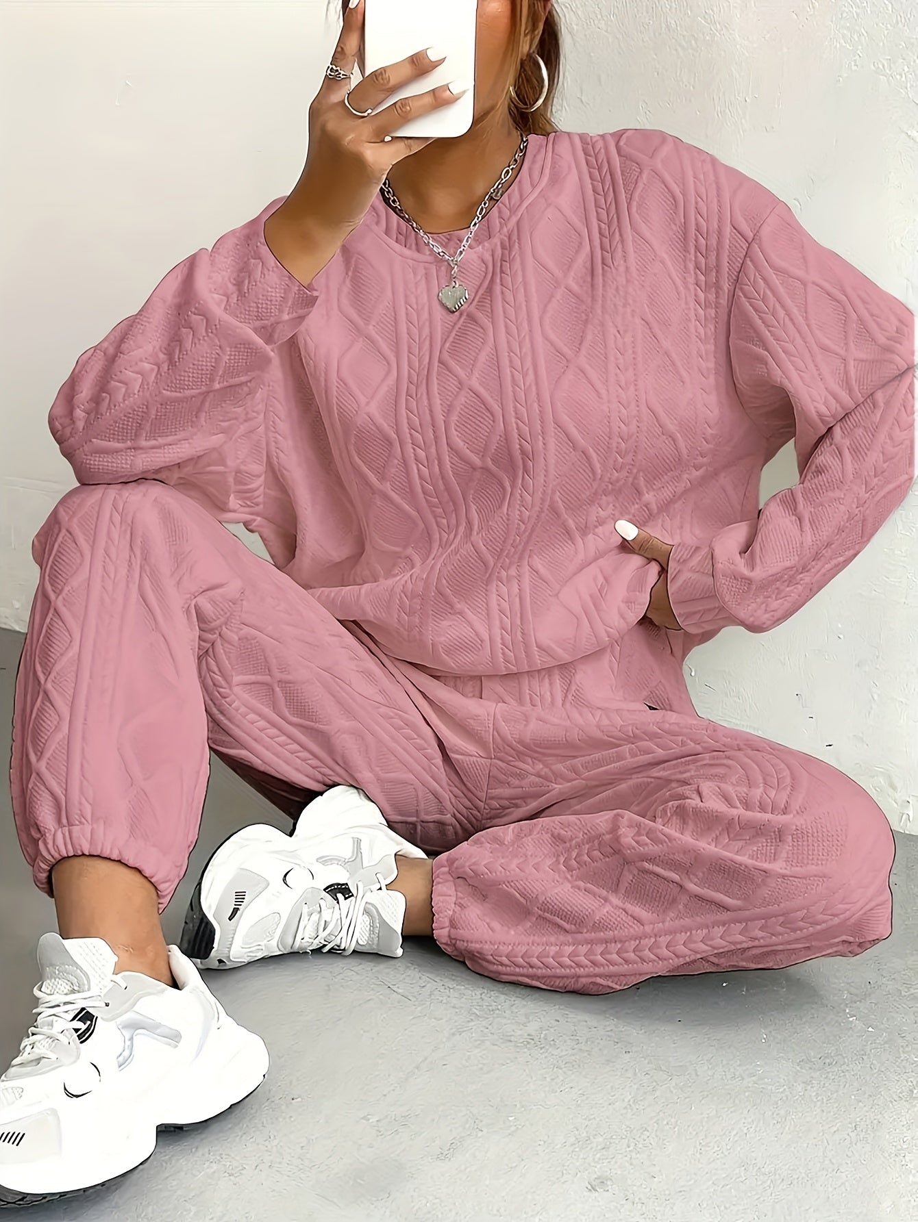 Women's 2-Piece Pullover Sweatsuit Set – Textured Jacquard Crewneck Long Sleeve Top & Sweatpants Tracksuit Breathable Casual Loungewear for Spring Summer S-XXL