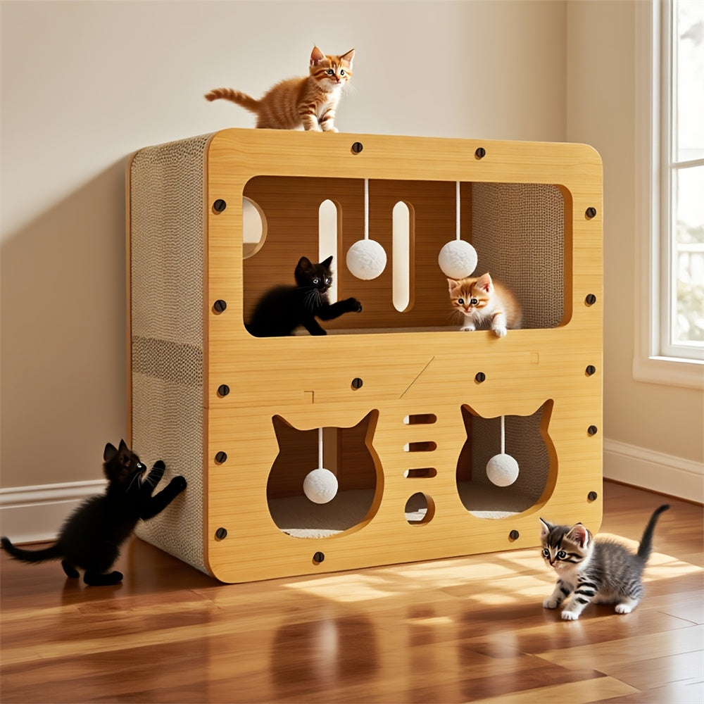Cat Scratching Board House with Pompom Toy – Large Cardboard Cat Bed & Hideout, Holds Up to 25 Lbs, Multi-Cat Friendly, Easy Assembly, Scratch-Resistant Cat Furniture Gift for Pet Lovers