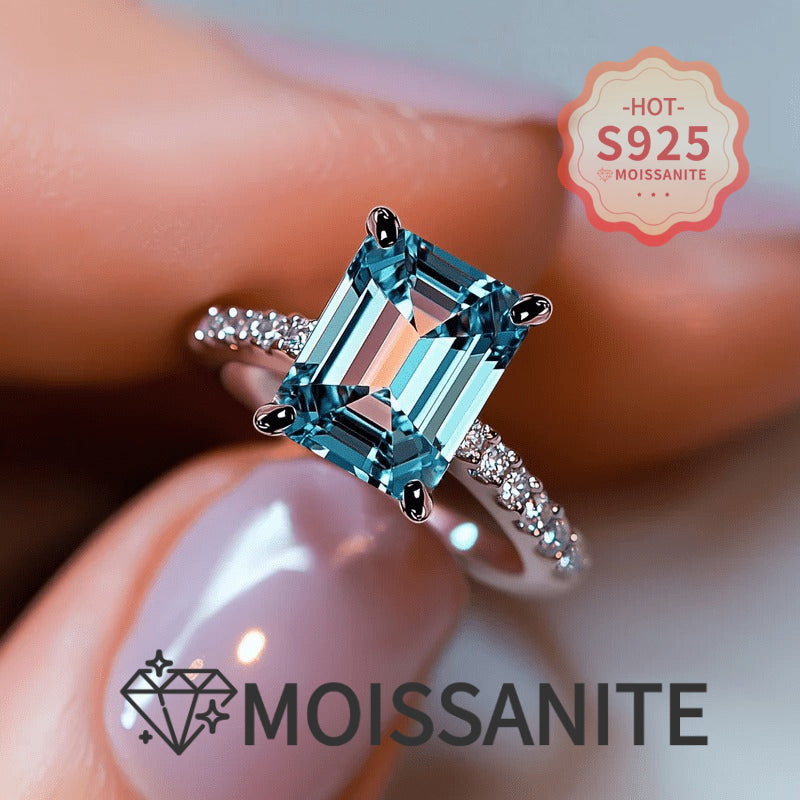 S925 Sterling Silver Blue Moissanite Promise Ring for Women – Princess Cut Square Stone, Engagement Wedding Bridal Ring with Certificate, Sizes 5-11, Elegant Luxury Gift