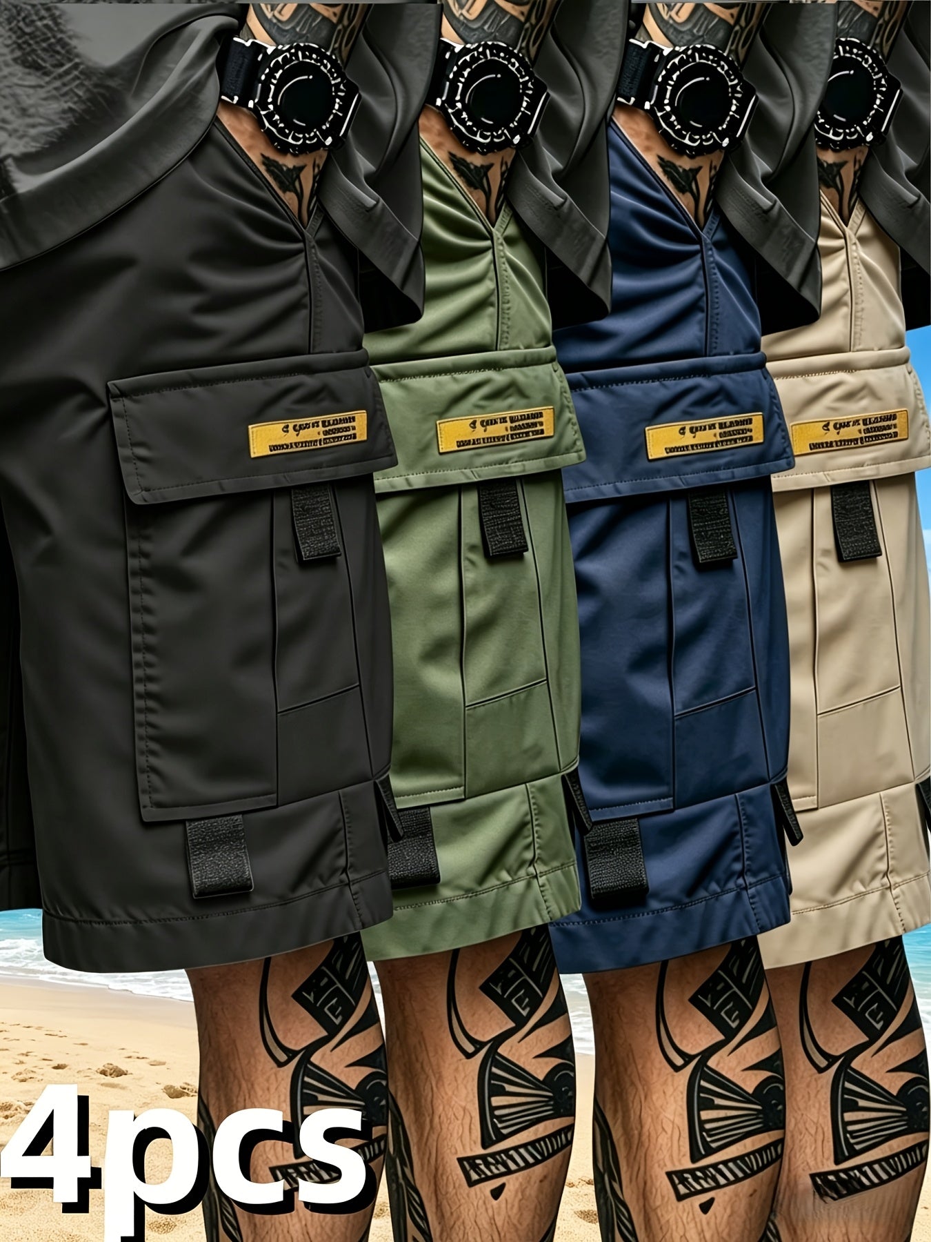 Men's Cargo Shorts 4-Pack Quick-Dry Multi-Pocket Elastic Drawstring Waist Loose Fit Workout Shorts for Gym Fitness Golf Outdoor Activities – Breathable Lightweight Casual Workwear S-XXXL