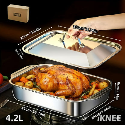 Stainless Steel Baking Pan Set 4-Piece – 2 Deep Roasting Pans & 2 Lidded Pans with Handles, 6-Liter 16.14-Inch Rectangular Baking Dish for Turkey, Lasagna, Fish & Chicken, Dishwasher Safe