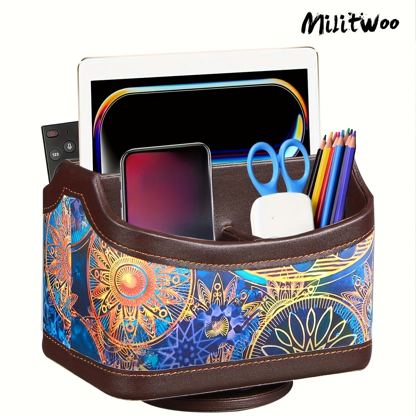 360° Swivel Remote Control Holder – 5-Compartment PU Leather Desk Organizer for TV Remotes, Phones, Eyeglasses, Pens & Office Accessories, Rotating Desktop Storage Caddy