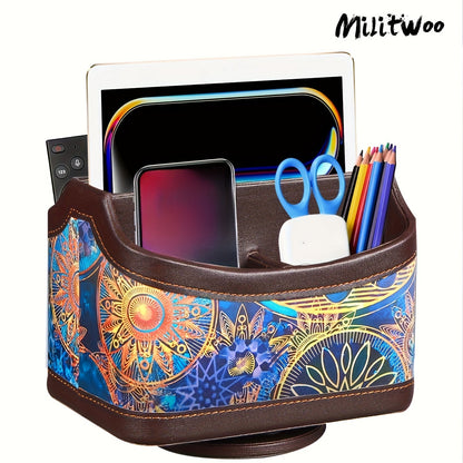 360° Swivel Remote Control Holder – 5-Compartment PU Leather Desk Organizer for TV Remotes, Phones, Eyeglasses, Pens & Office Accessories, Rotating Desktop Storage Caddy