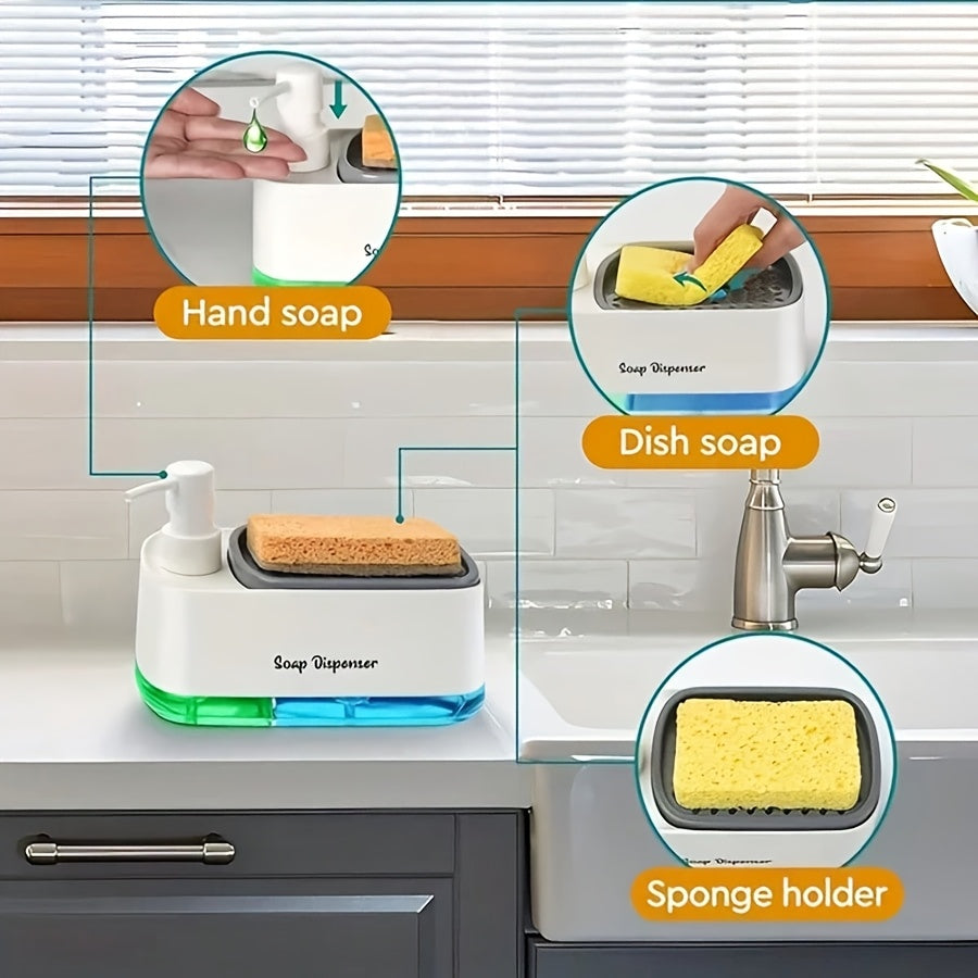 2-in-1 Soap Dispenser with Built-In Sponge Holder for Kitchen Sink – Countertop Pump Dispenser for Hand & Dish Soap, Detergent Dispenser, Easy Refill, Ideal Kitchen Organizer