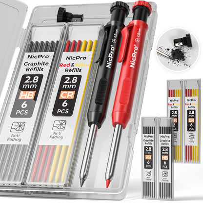 Carpenter Pencil Set with Sharpener & Refills, Heavy Duty Mechanical Woodworking Pencils for Construction, Drafting & Marking, Flat Pencils with Portable Case – 2, 3, 4 or 6 Piece Sets Available