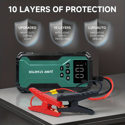 10000A Car Jump Starter 7-in-1 with 150PSI Air Compressor, Digital Tire Inflator, LED Emergency Light & USB Power Bank – Portable Battery Booster for Gas & Diesel Vehicles – Velora