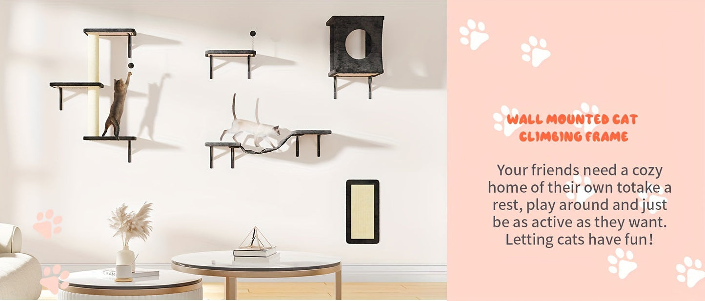 Cat Wall Shelves 5-Piece Set - Wall-Mounted Floating Cat Perch, Climber & Bridge, Modern Cat Furniture for Indoor Cats, Cat Tree Alternative with Cat Bed Platform, Space-Saving Cat House