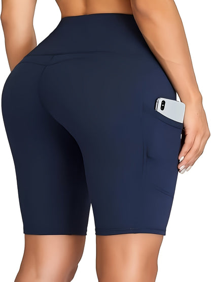 Women's High Waist Biker Shorts with Tummy Control & Pocket – Stretch Knit Polyester Athletic Shorts for Gym, Workout, Yoga, Cheerleading & Casual Wear, Sizes XS–XXL