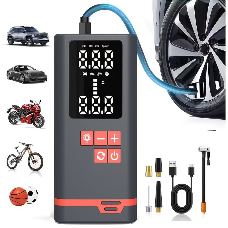 Portable Tire Inflator Air Compressor Wireless – USB Rechargeable, Digital Display, LED Light, Multi-Nozzle Adapter, Lithium Battery, Fits Car, Motorcycle, Bicycle, Sports Balls