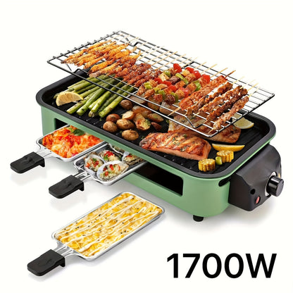 Indoor Electric Smokeless Grill with Raclette – 1700W Non-Stick BBQ Griddle, 3 Raclette Pans, Dishwasher Safe Stainless Steel, Adjustable Temp, Perfect for Home Cooking & Entertaining