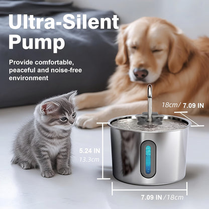 Cat Water Fountain 74oz Stainless Steel - Ultra Quiet USB Pump, Faucet Flow, 3-Stage Filter & Visual Water Level Window, Automatic Pet Water Fountain for Cats & Small Dogs Indoor