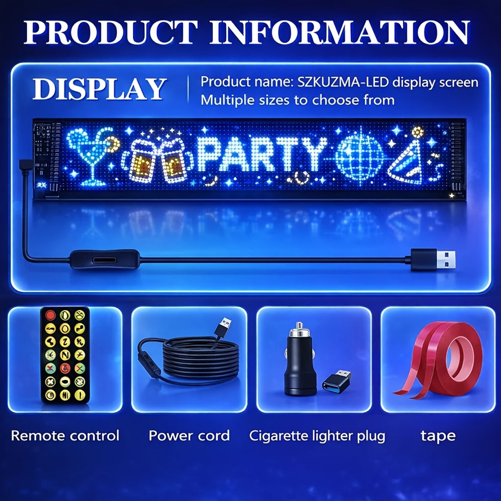 LED Scrolling Sign App Programmable – Animated Text Display Board, USB Powered, Car Charger Included, Multiple Sizes, Perfect for Bar, Party, Car, Christmas, New Year & Birthday Decorations