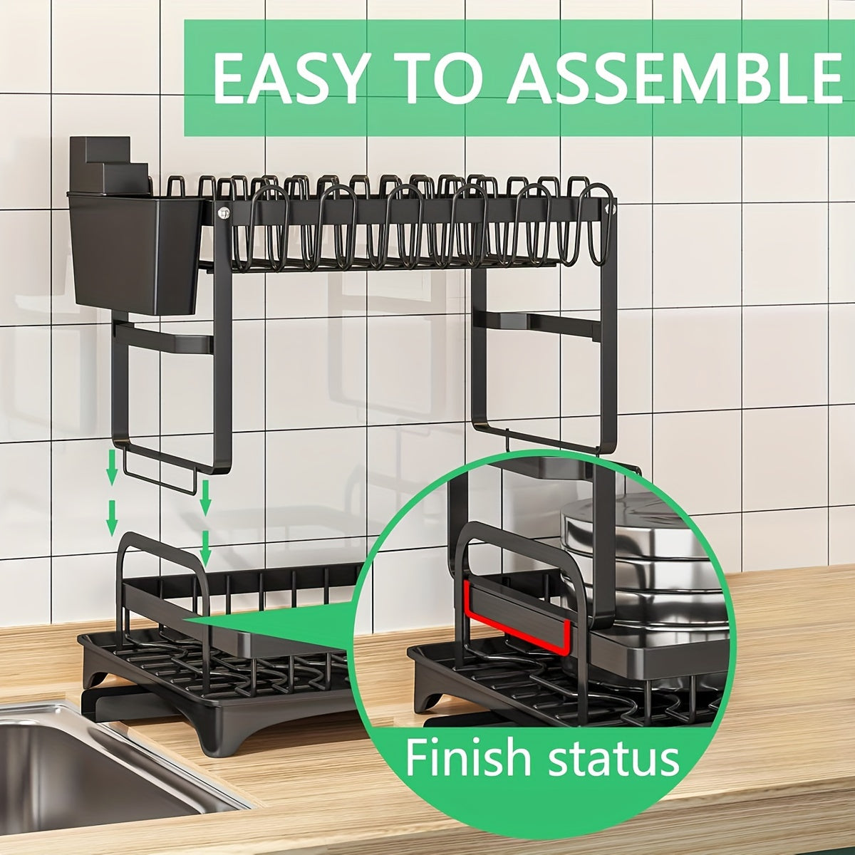 2-Tier Dish Drying Rack with Drainboard for Kitchen Counter – Large Capacity Metal Dish Drainer with Drain Tray, Organizer for Plates, Cups & Utensils, Available in Black, White & Gray