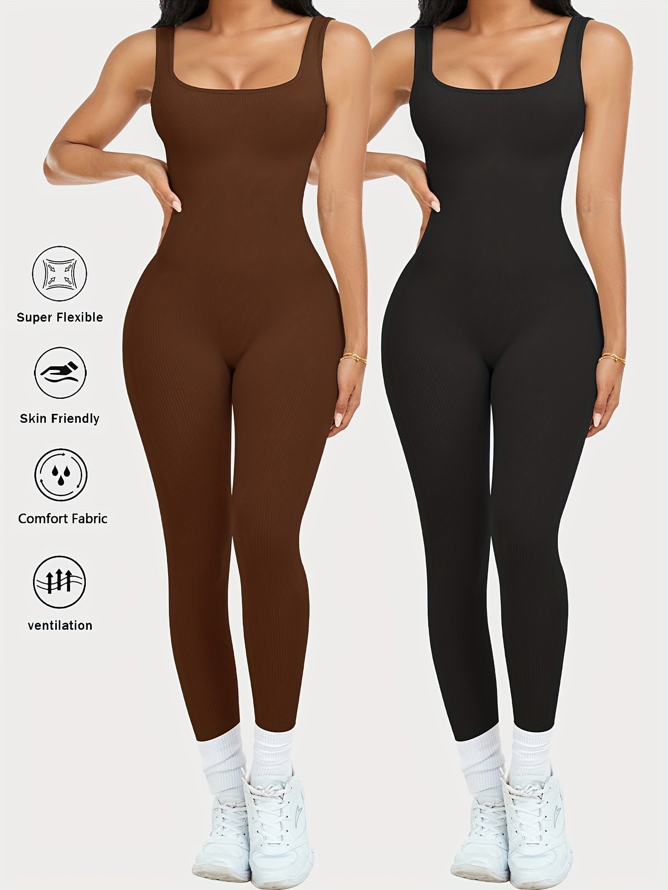 2-Pack Women's Sleeveless Square Neck Long Jumpsuit - 90% Nylon Thick Stretchy Impermeable Activewear Bodysuit for Yoga Pilates Running Fitness, Washable One-Piece Workout Suit Sizes S-XL