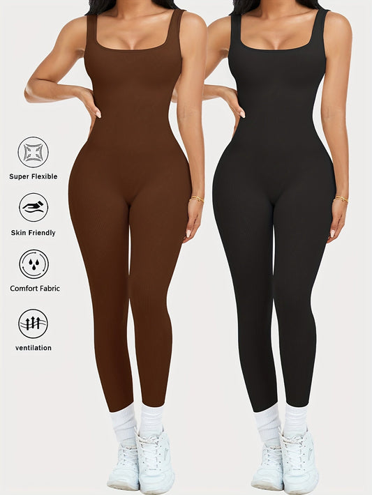2-Pack Women's Sleeveless Square Neck Long Jumpsuit - 90% Nylon Thick Stretchy Impermeable Activewear Bodysuit for Yoga Pilates Running Fitness, Washable One-Piece Workout Suit Sizes S-XL