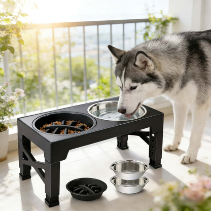 Height Adjustable Dog Bowl Stand with Slow Feeder & Stainless Steel Bowl – 5-Level Foldable Elevated Dog Food Bowl for Medium Large Dogs and Cats, Black & Pink