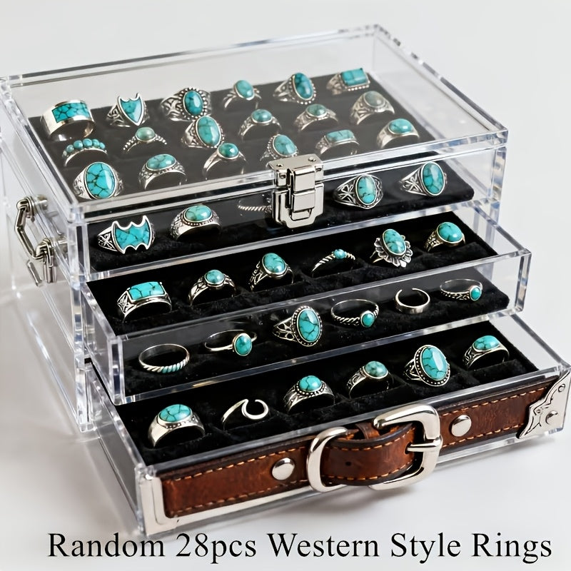 28pcs Vintage Bohemian Stackable Ring Set for Women – Turquoise, Geometric, Heart & Butterfly Designs, Adjustable Boho Rings for Everyday Wear, Holiday Parties & Festive Gifts