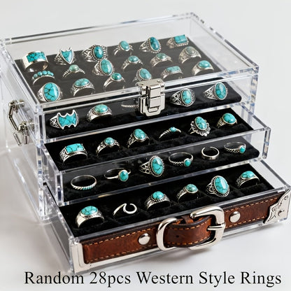 28pcs Vintage Bohemian Stackable Ring Set for Women – Turquoise, Geometric, Heart & Butterfly Designs, Adjustable Boho Rings for Everyday Wear, Holiday Parties & Festive Gifts