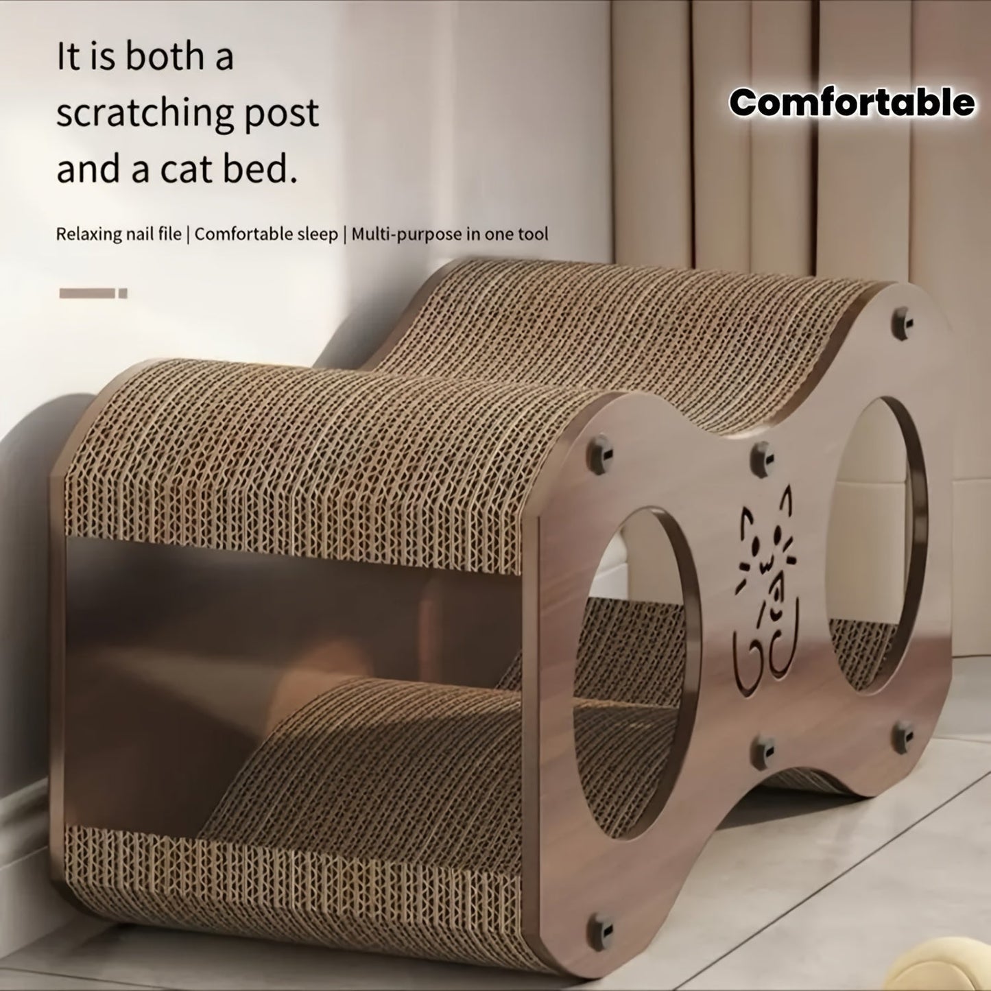 Walnut Cat Scratching Post with Integrated Cat Bed – 4-Season Woven Scratch Pad, Indoor Cat Scratcher for Lounging & Play, All Breeds