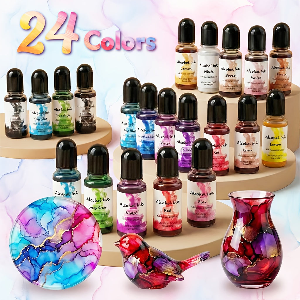 Alcohol Ink Set 24 Colors 10ml – High-Concentration Resin Dye for Epoxy Resin Art, Tumblers, Coasters, Fluid Painting & Crafts, Fast-Drying Acid-Free Pigment