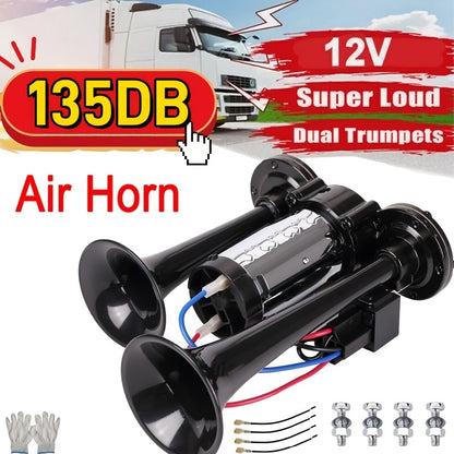 Super Loud 12V 24V Dual Air Horn Kit with Air Compressor 105-137dB Universal Truck Train Car SUV Motorcycle Boat Pickup Aluminum Alloy Electric Horn