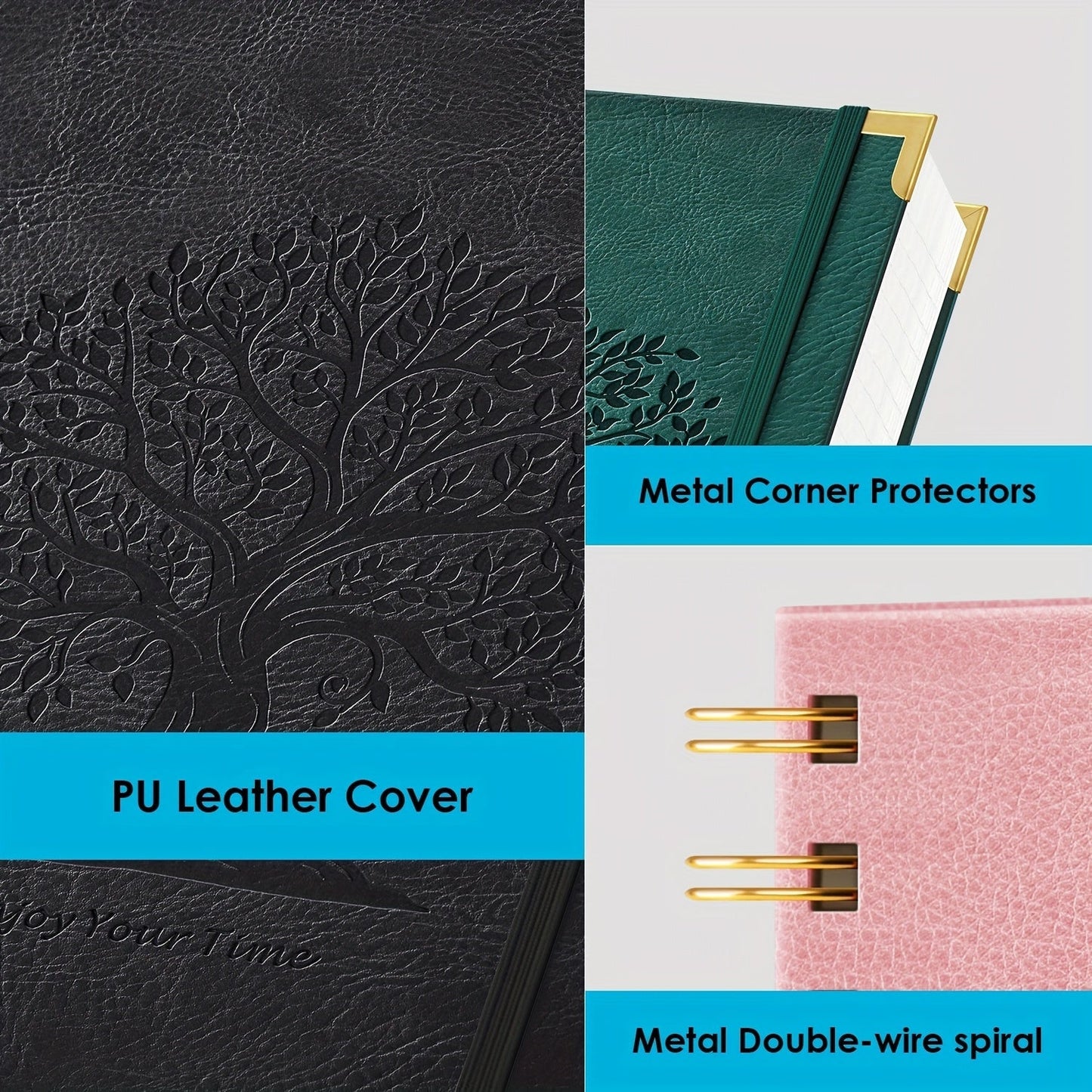 A5 Spiral Notebook Hardcover 300 Pages – Thick 100GSM No Bleed-Through Paper, Leather Cover Journal for College, Work & Writing – For Men & Women (Pink, Black, Green, Purple)