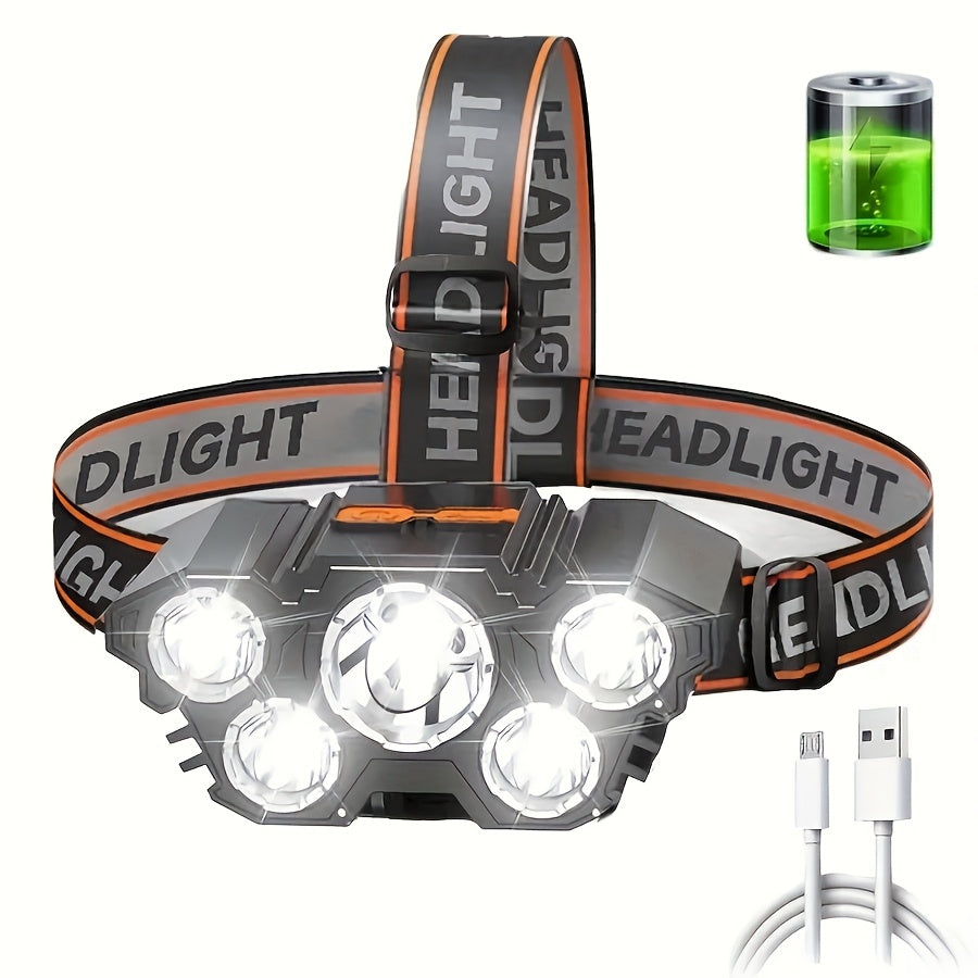 2-Pack LED Headlamp USB Rechargeable – 5 LED, Lithium Battery, IPX3 Waterproof, 4 Lighting Modes, ABS Matte Finish – Camping, Hiking, Fishing & Emergency Headlight