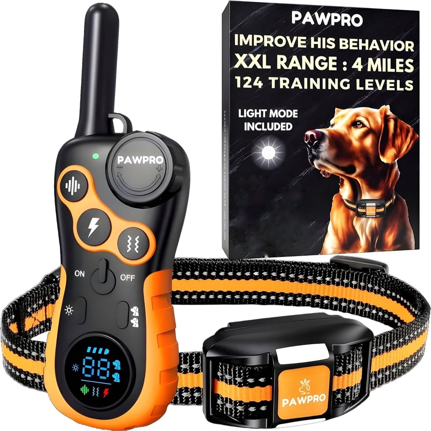Dog Training Collar with Remote 4-Mile Range – 124 Adjustable Levels 4 Modes Beep Vibration Shock Night-Light Rechargeable E-Collar for Dogs 5–135 lbs with Training Guide