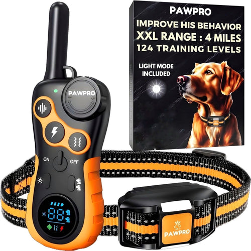 Dog Training Collar with Remote 4-Mile Range – 124 Adjustable Levels 4 Modes Beep Vibration Shock Night-Light Rechargeable E-Collar for Dogs 5–135 lbs with Training Guide