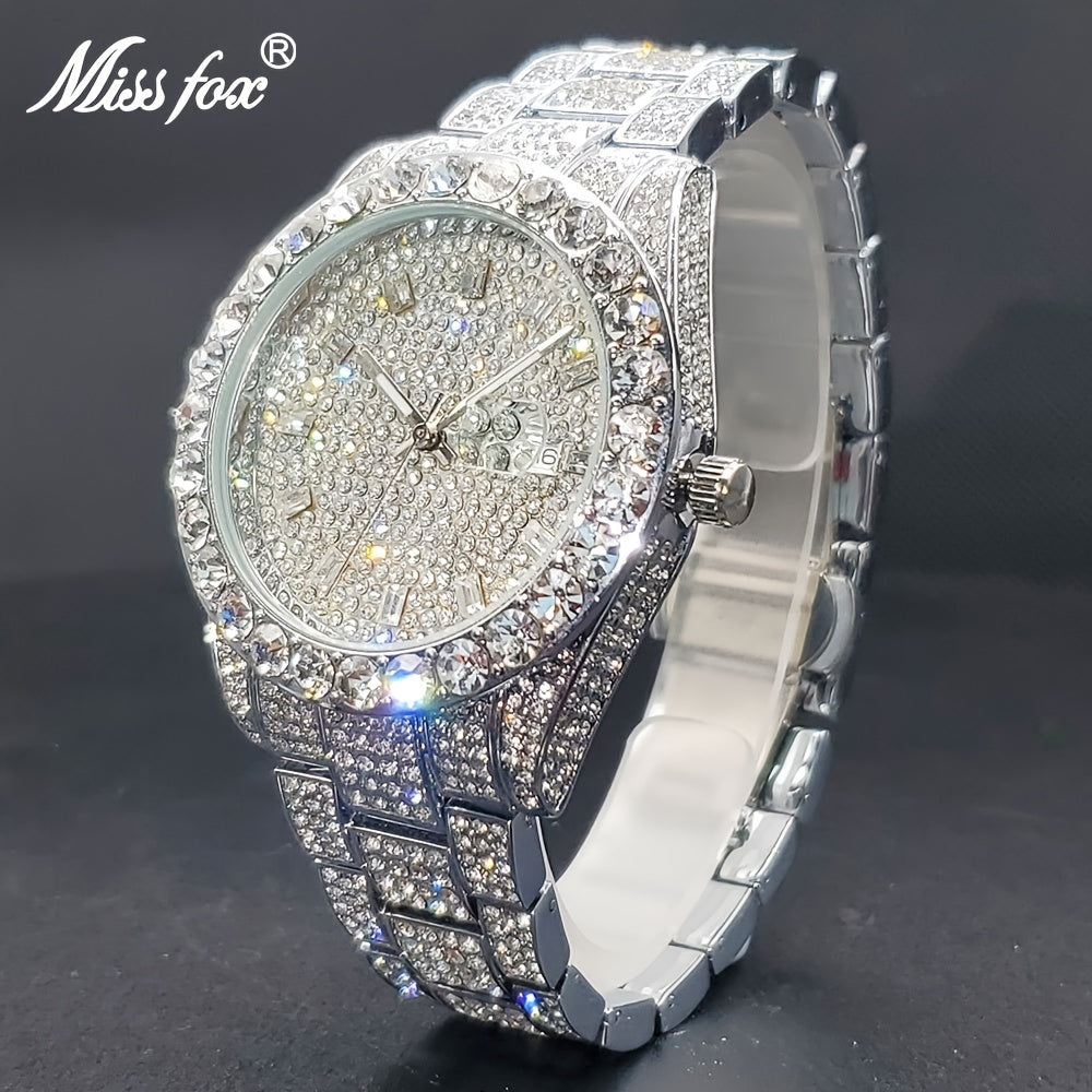Men's Iced Rhinestone Quartz Watch Classic Business Fashion Wrist Watch with Date Display Zinc Alloy Strap Silver Gold Luxury Style Gift for Him