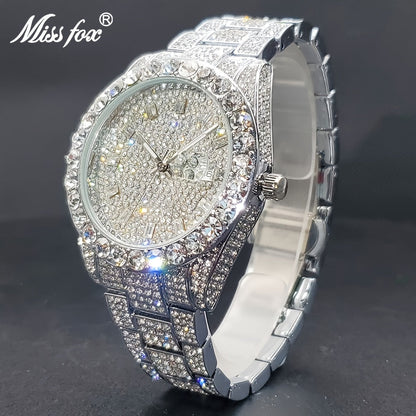Men's Iced Rhinestone Quartz Watch Classic Business Fashion Wrist Watch with Date Display Zinc Alloy Strap Silver Gold Luxury Style Gift for Him