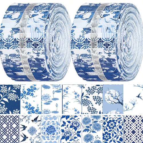 40-Piece Chinoiserie Blue & White Jelly Roll Quilting Strips - Precut Porcelain Floral Patchwork Fabric for Quilting, Sewing & Crafts, 2.5" x 44" Cotton Fabric Strips