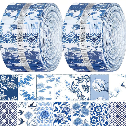 40-Piece Chinoiserie Blue & White Jelly Roll Quilting Strips - Precut Porcelain Floral Patchwork Fabric for Quilting, Sewing & Crafts, 2.5" x 44" Cotton Fabric Strips