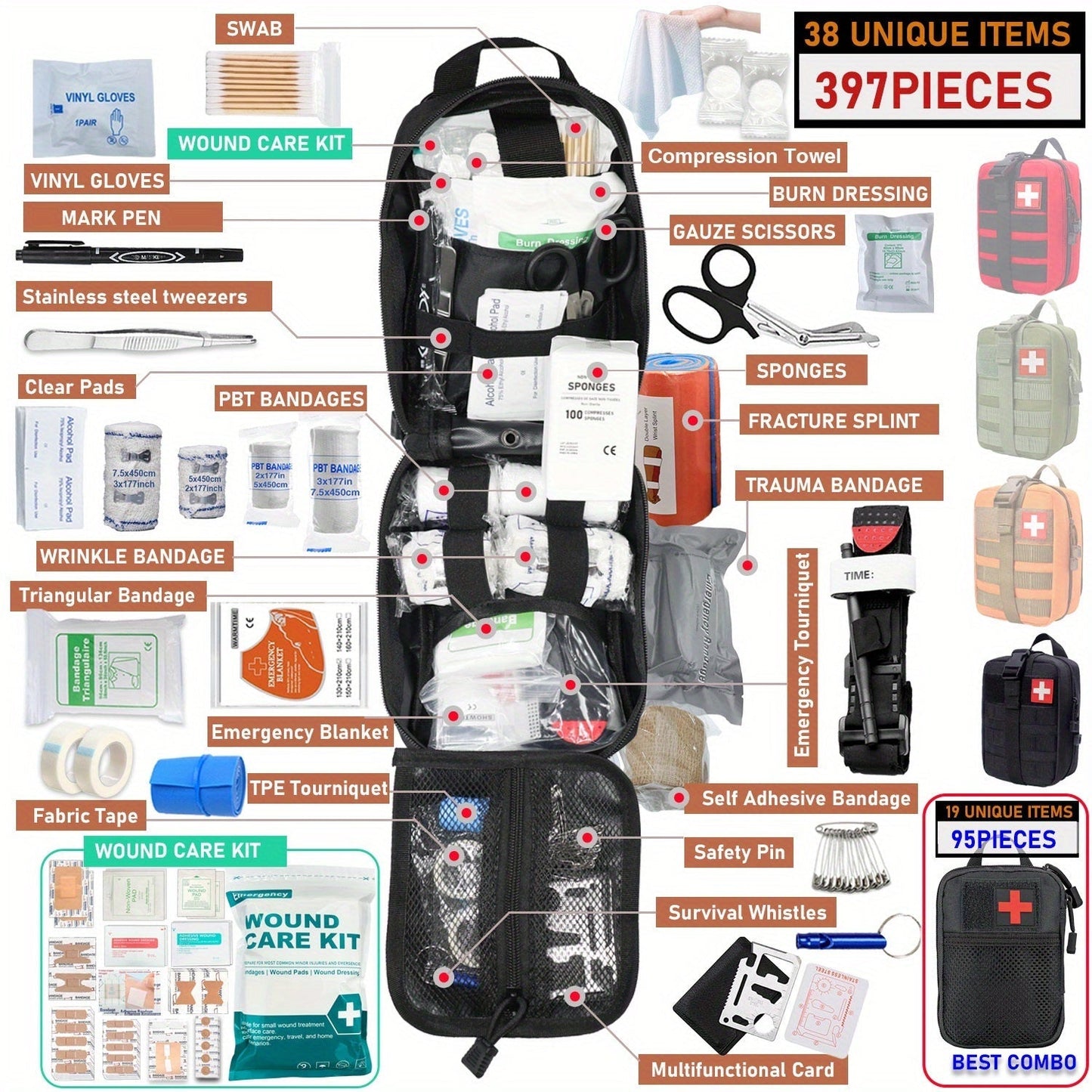 Professional First Aid Kit 399 Piece & 99 Piece Survival Gear Emergency Kit for Hiking Camping Hunting Car Travel – Includes Scissors Tweezers Splints – Gift for Men