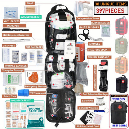 Professional First Aid Kit 399 Piece & 99 Piece Survival Gear Emergency Kit for Hiking Camping Hunting Car Travel – Includes Scissors Tweezers Splints – Gift for Men