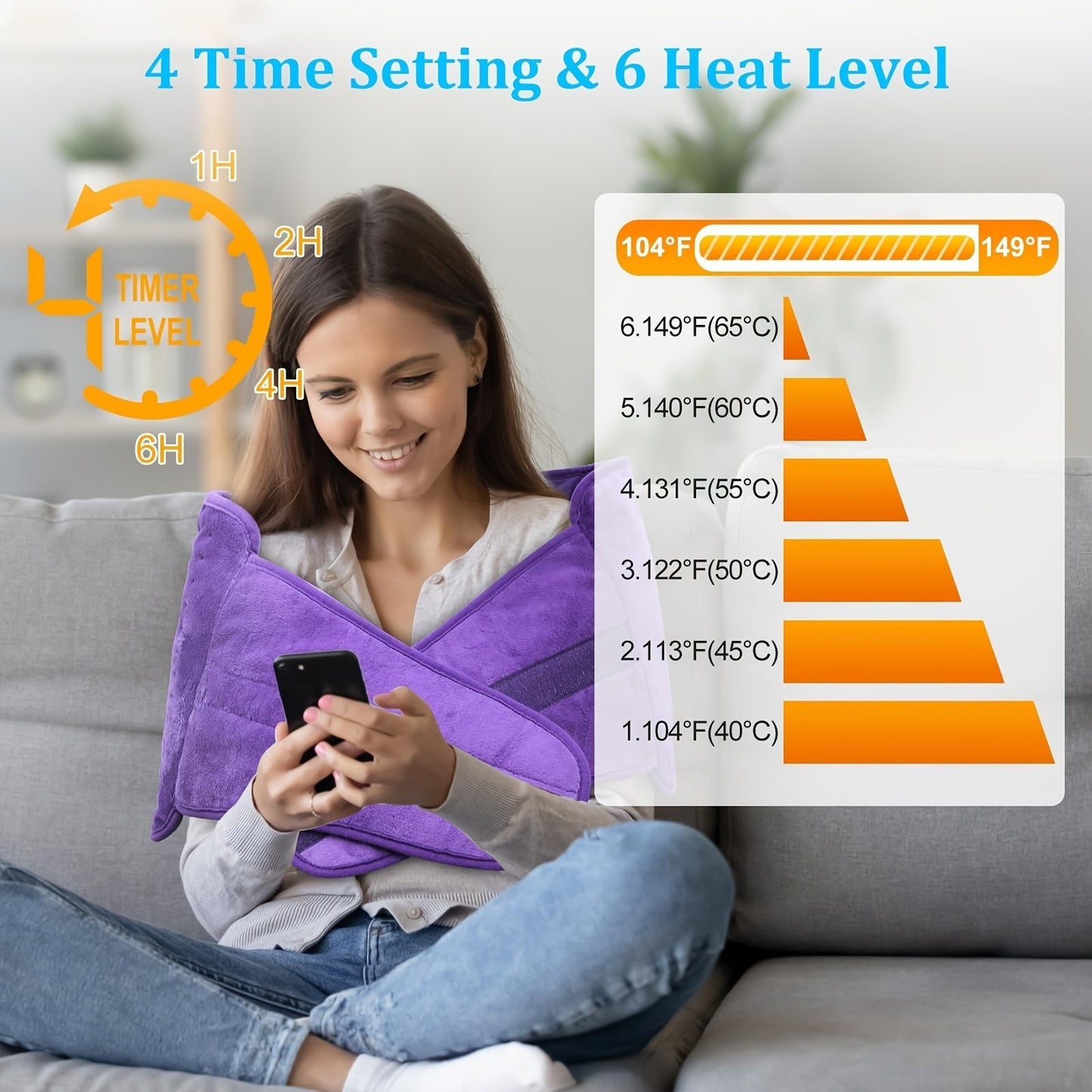 Electric Heating Belt for Back Pain Relief 12x24 Inch – 6 Heat Levels 104-149°F, 6-Hour Auto Shutoff, 4 Timers, Adjustable 24-45 Inch Waist, Washable Heated Waist Pad for Men and Women