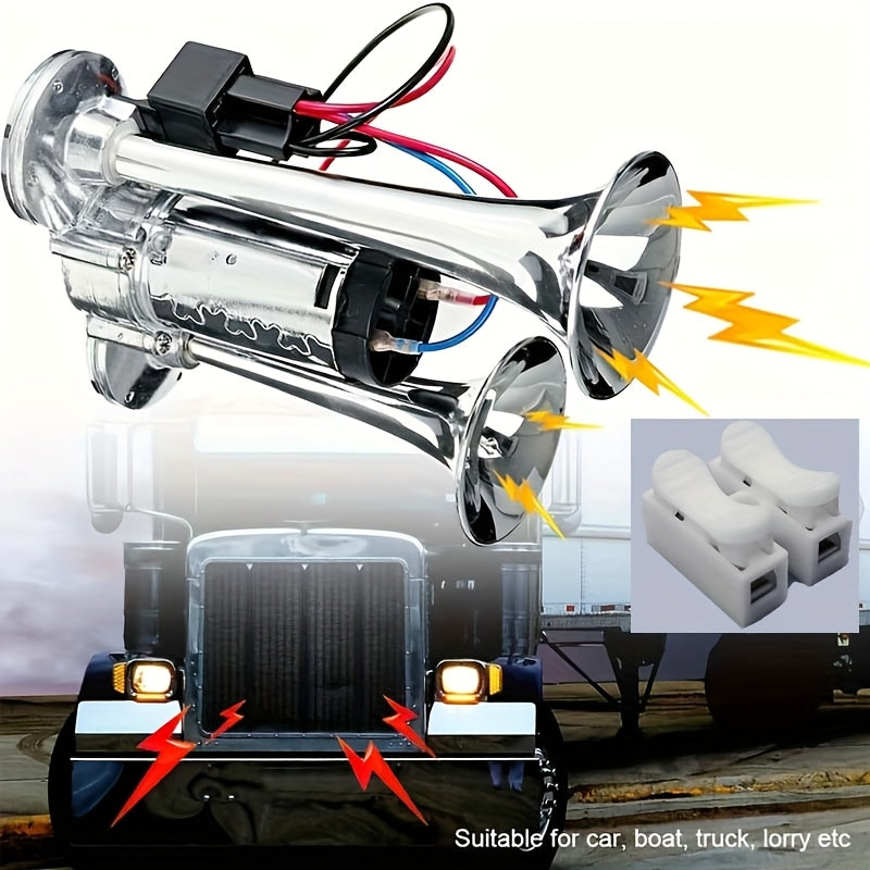 120dB Dual Air Horn Kit 12V with Air Compressor – Super Loud Truck Train Horn for SUV, Motorcycle, Pickup Truck, Car & Boat – Universal Electric Dual Tone Horn – Velora
