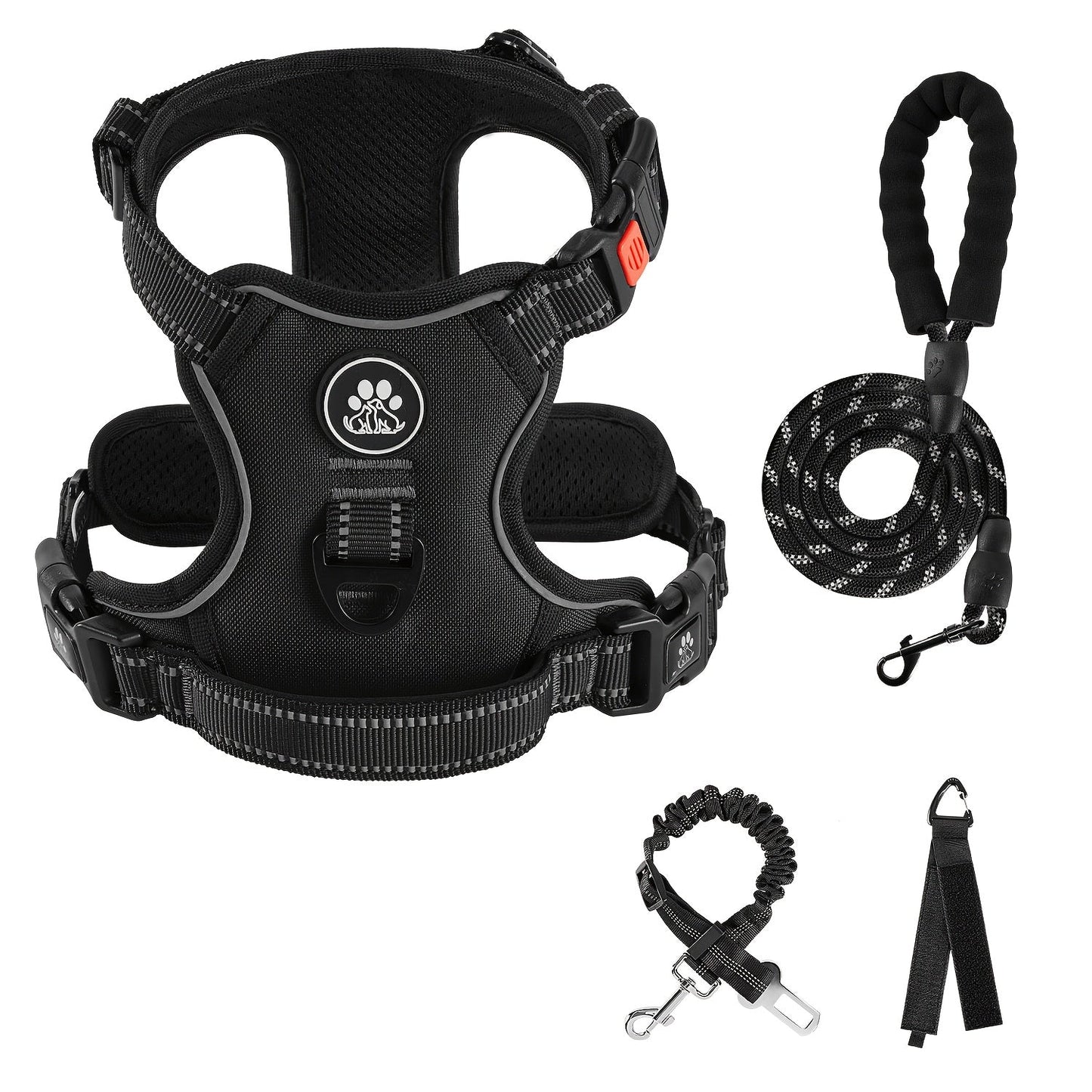No Pull Dog Harness Set with Leash Retractable Seatbelt & Collar – Fully Reflective Adjustable Breathable Vest Harness with Handle for Small & Large Dogs XS–XL