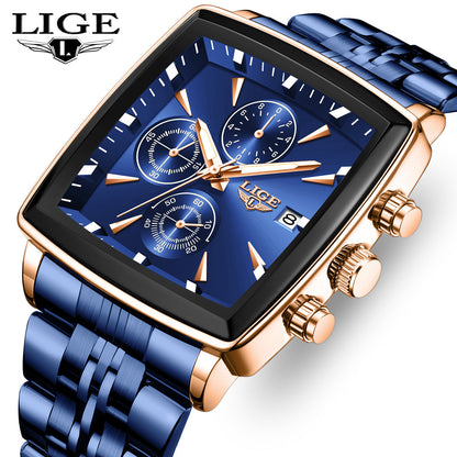 LIGE Men's Square Analog Quartz Watch – Stainless Steel Strap Calendar Display, Preppy Sport Fashion Wristwatch for Men Teens, 8 Color Options, Birthday Graduation Gift Blue Black Gold