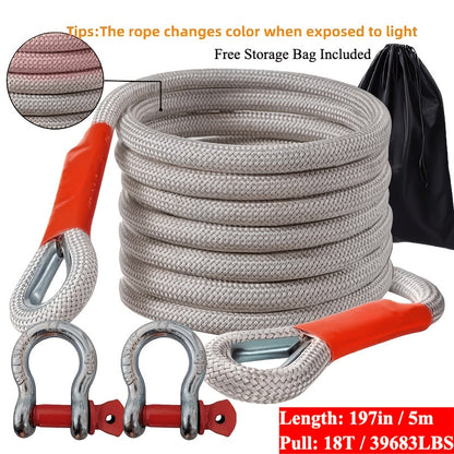 Heavy Duty Tow Rope & Hook Combo Set – 196.85" Nylon Recovery Rope 5/18/20 Ton with 2 Steel U-Hooks & Storage Bag, Off-Road Vehicle Recovery for Truck SUV UTV ATV Jeep, 3 Size Options