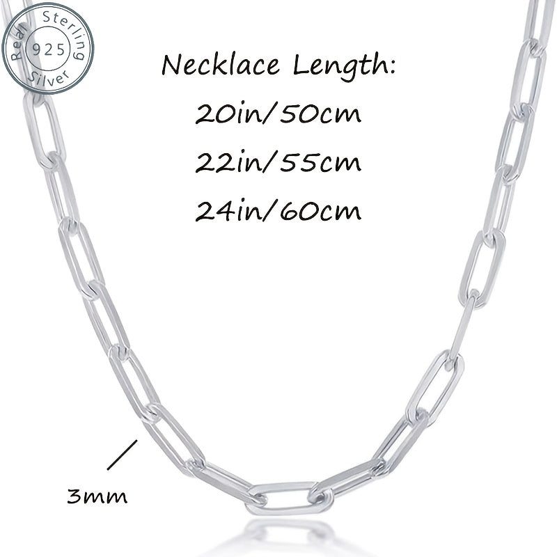 925 Sterling Silver Paperclip Chain Necklace for Women & Men – 3mm Thick Bohemian Style with Synthetic Stone, 20/22/24 Inch, Gift Box Included, Durable Everyday Jewelry for Daily Wear & Gifting