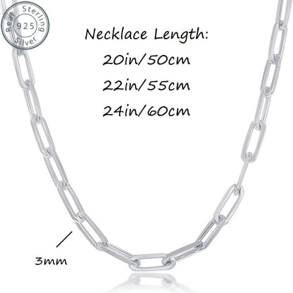 925 Sterling Silver Paperclip Chain Necklace for Women & Men – 3mm Thick Bohemian Style with Synthetic Stone, 20/22/24 Inch, Gift Box Included, Durable Everyday Jewelry for Daily Wear & Gifting