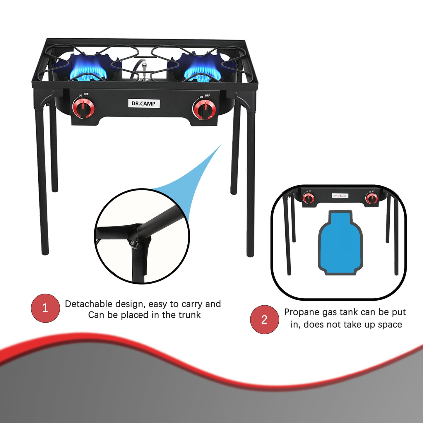 DR.CAMP Portable Propane Camping Stove – Heavy Duty Cast Iron Burner with Detachable Legs, Single & Double Burner Options, High Pressure Outdoor Gas Cooker for Camping, BBQ, Survival & Patio Cooking